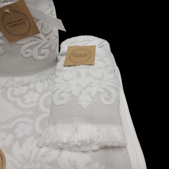 6 Piece COMMON THREAD Bath Hand Tip Towel Set Cream Scroll Jaquered Damask New - Picture 3 of 9